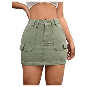 Sage Green Denim Cargo Mini Skirt Women's Utility Pocket Front Button Zip Large‎